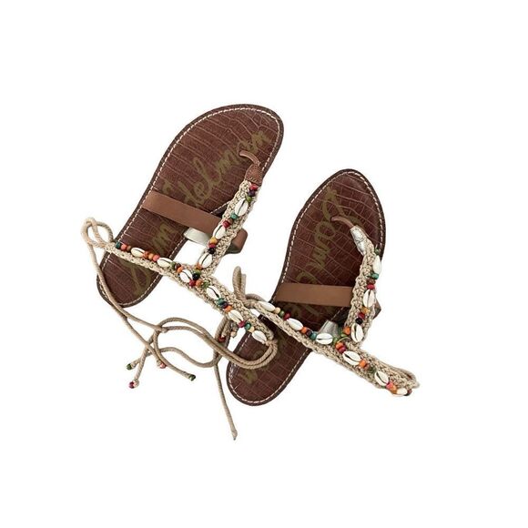 Sam Edelman Womens Tan Cream Leather Boho Gerome Beaded Seashell Sandal Size 7 - Picture 5 of 9